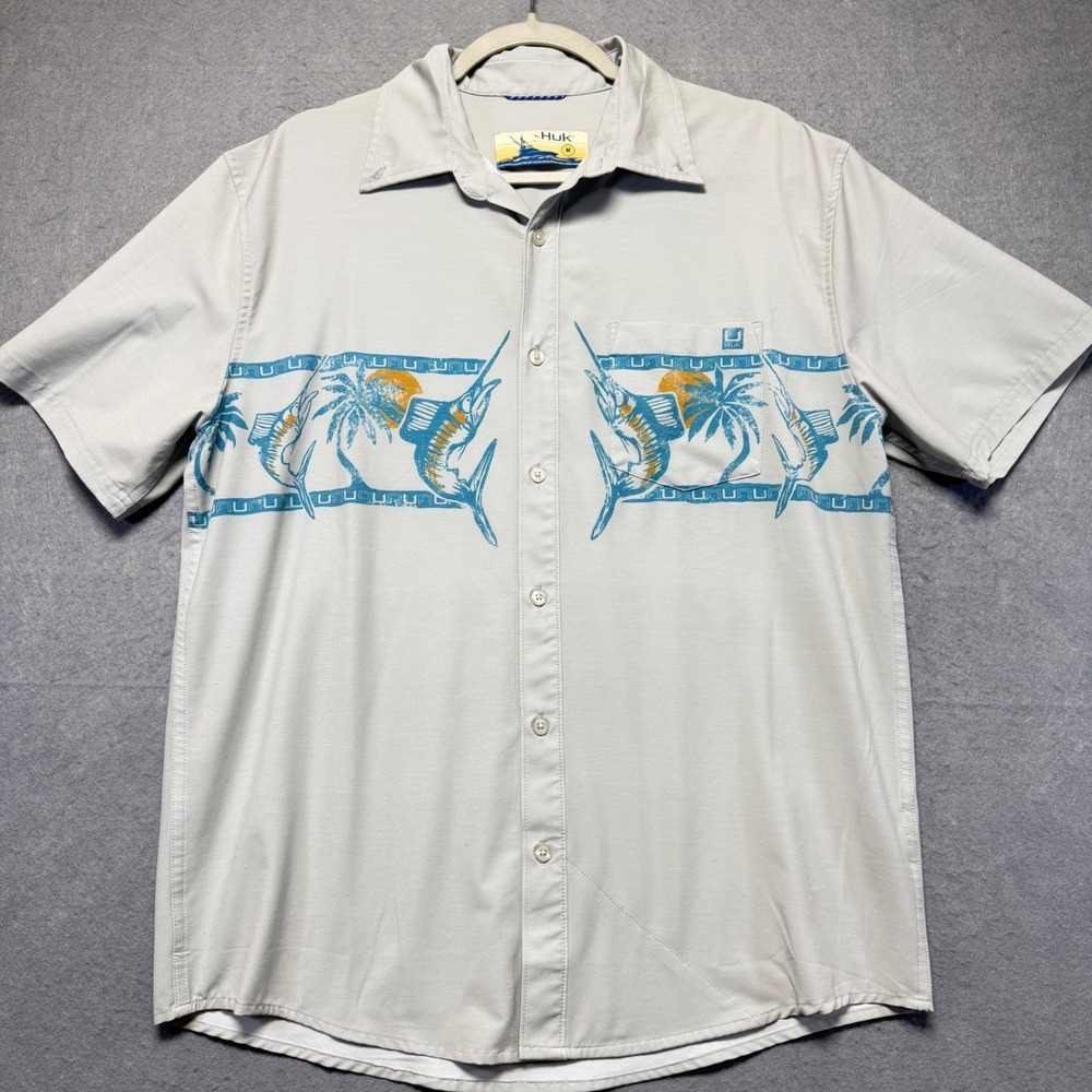Huk Mens Performance Fishing Shirt Grey‎ Marlin Palm Tree Graphic Size Medium